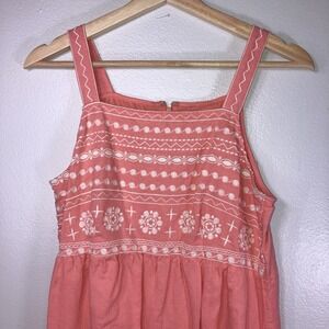 Peach Linen Dress Small Embroidered Empire Waist Lined